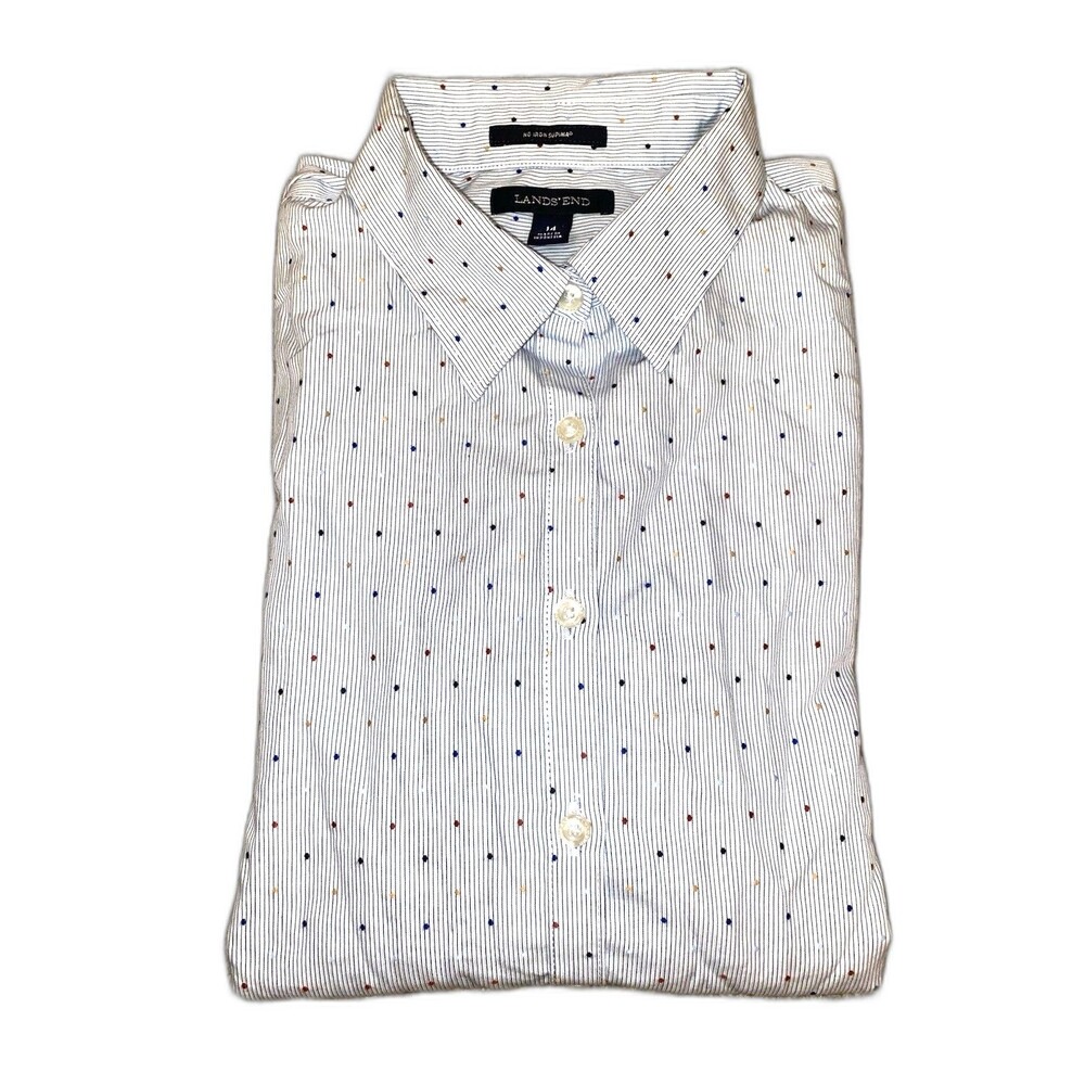Lands' End No Iron Supima Cotton Shirt Blue Stripe Polka Dot sz 14